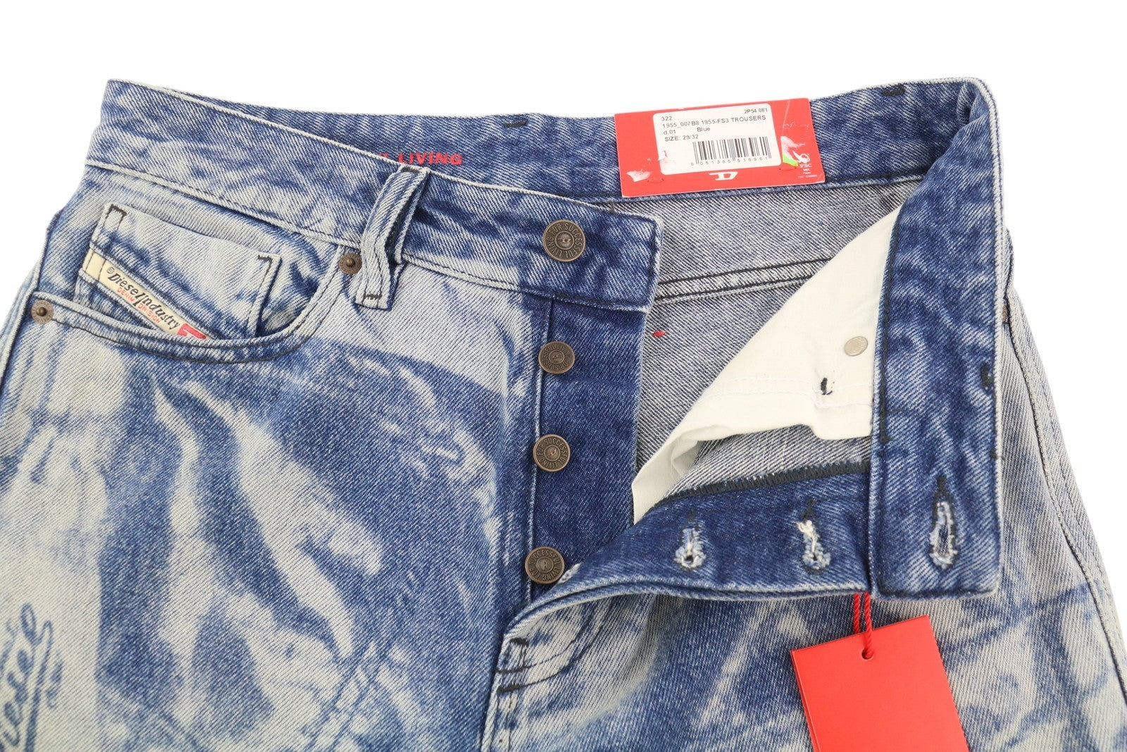 DIESEL 1955-FS3 007B8 Men Jeans W29/L32 Blue Washed Pattern Regular Straight Leg