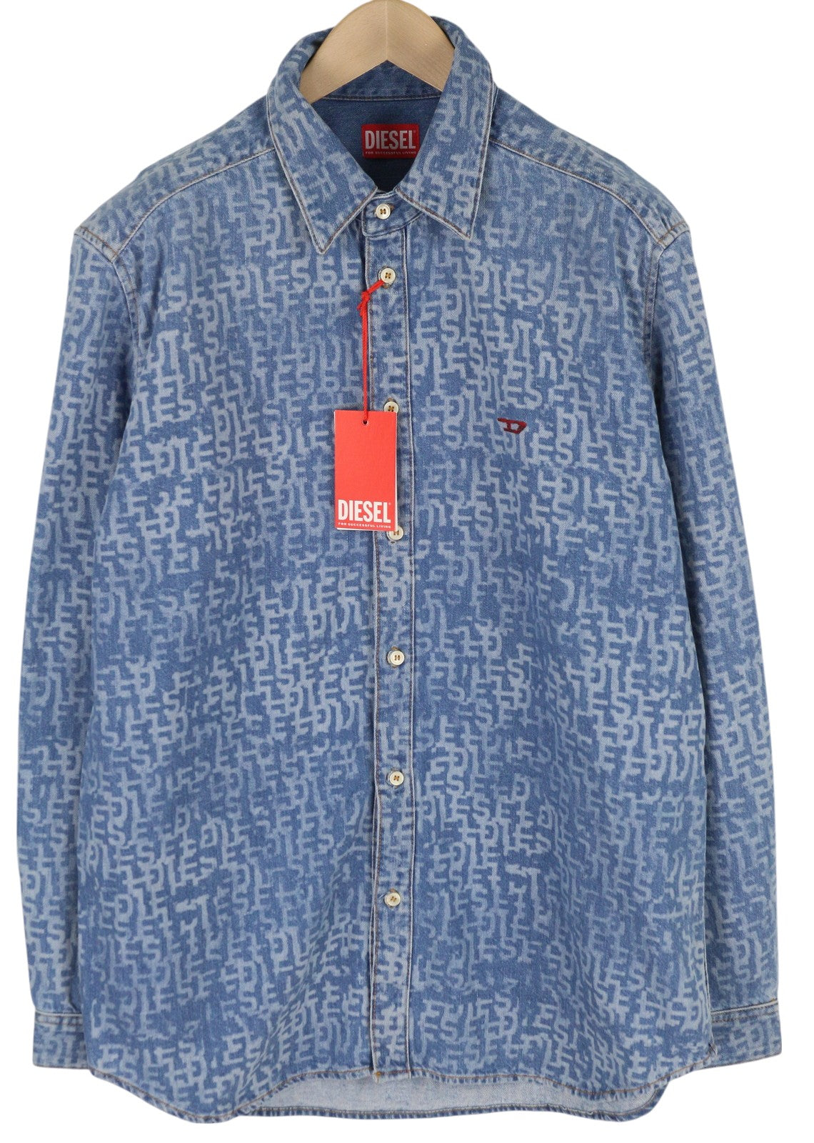 DIESEL D-Simply Men Shirt L Blue Denim Patterned Spread Neck Button-Up RRP€179