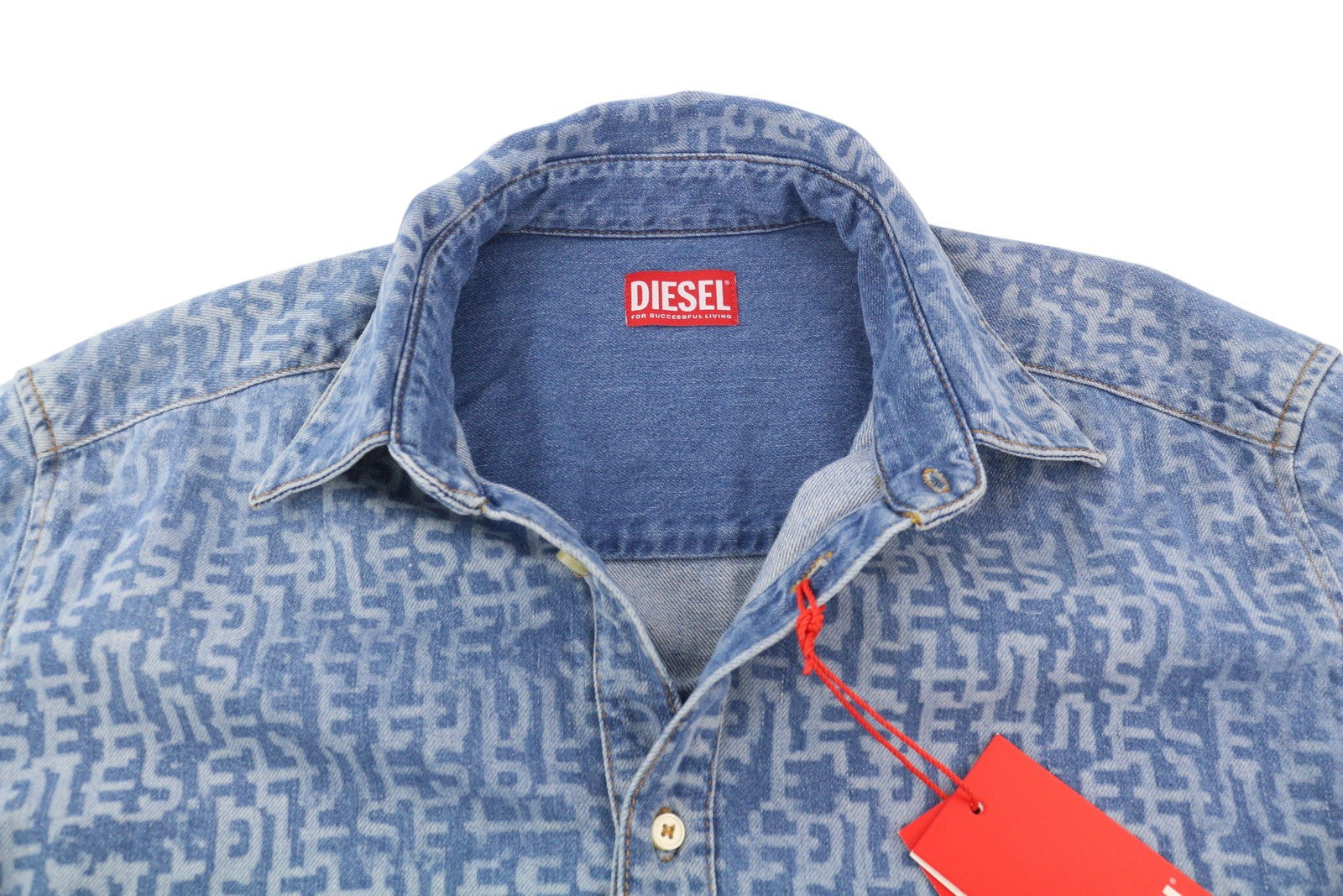 DIESEL D-Simply Men Shirt L Blue Denim Patterned Spread Neck Button-Up RRP€179