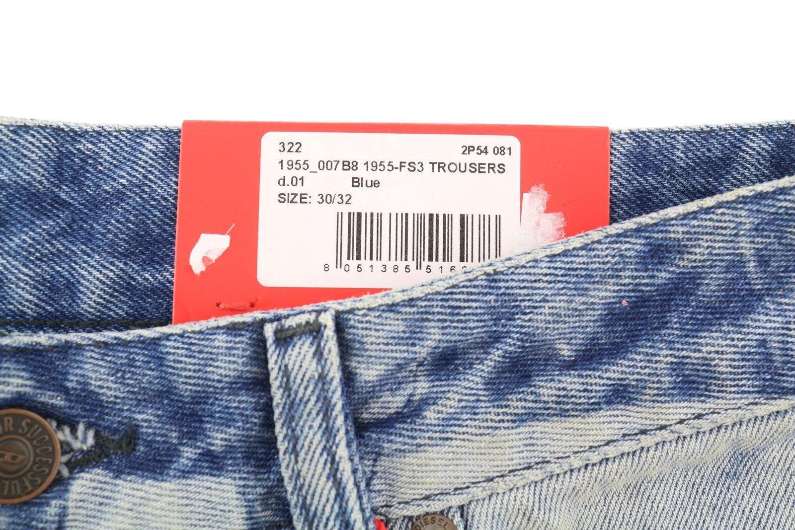 DIESEL 1955-FS3 007B8 Men Jeans W30/L32 Blue Washed Pattern Regular Straight Leg