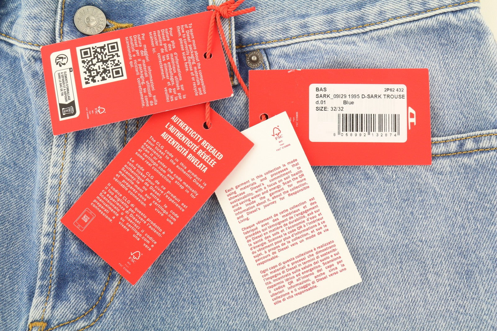 DIESEL 1995 D-Sark 09I29 Men Jeans W32/L32 Blue Slim Straight Fi Washed RRP$246