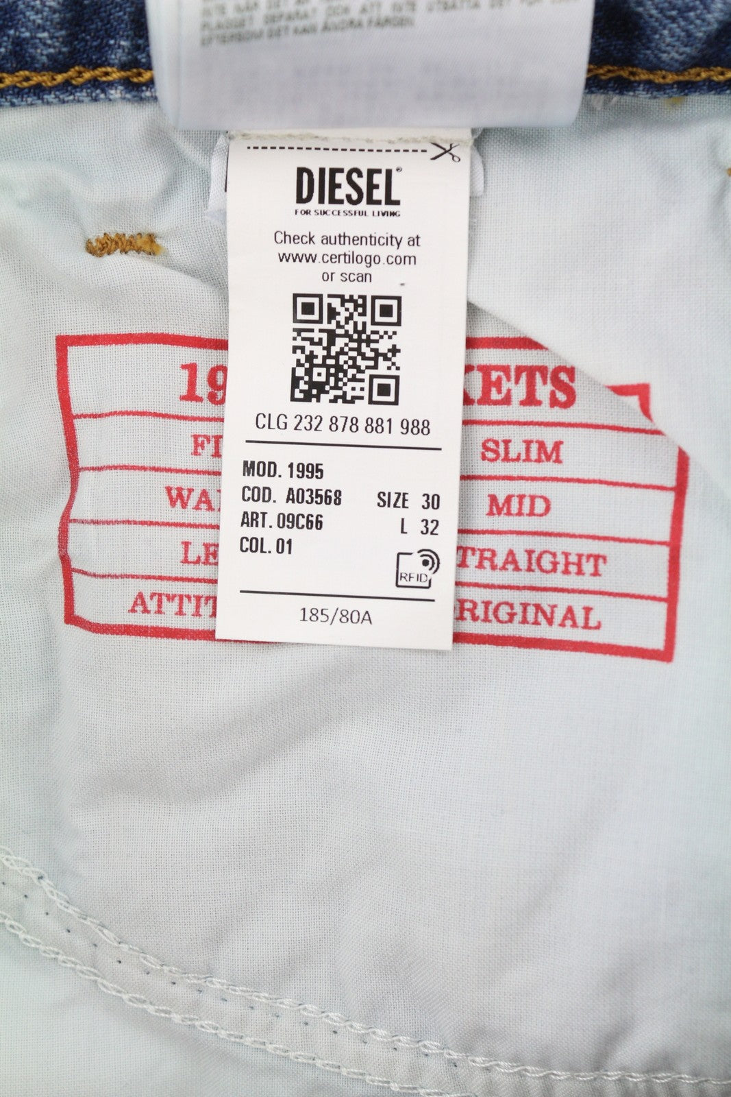 DIESEL 1995 09C66 Men Jeans W30/L32 Blue Faded Slim Fit Straight Leg Mid Waist