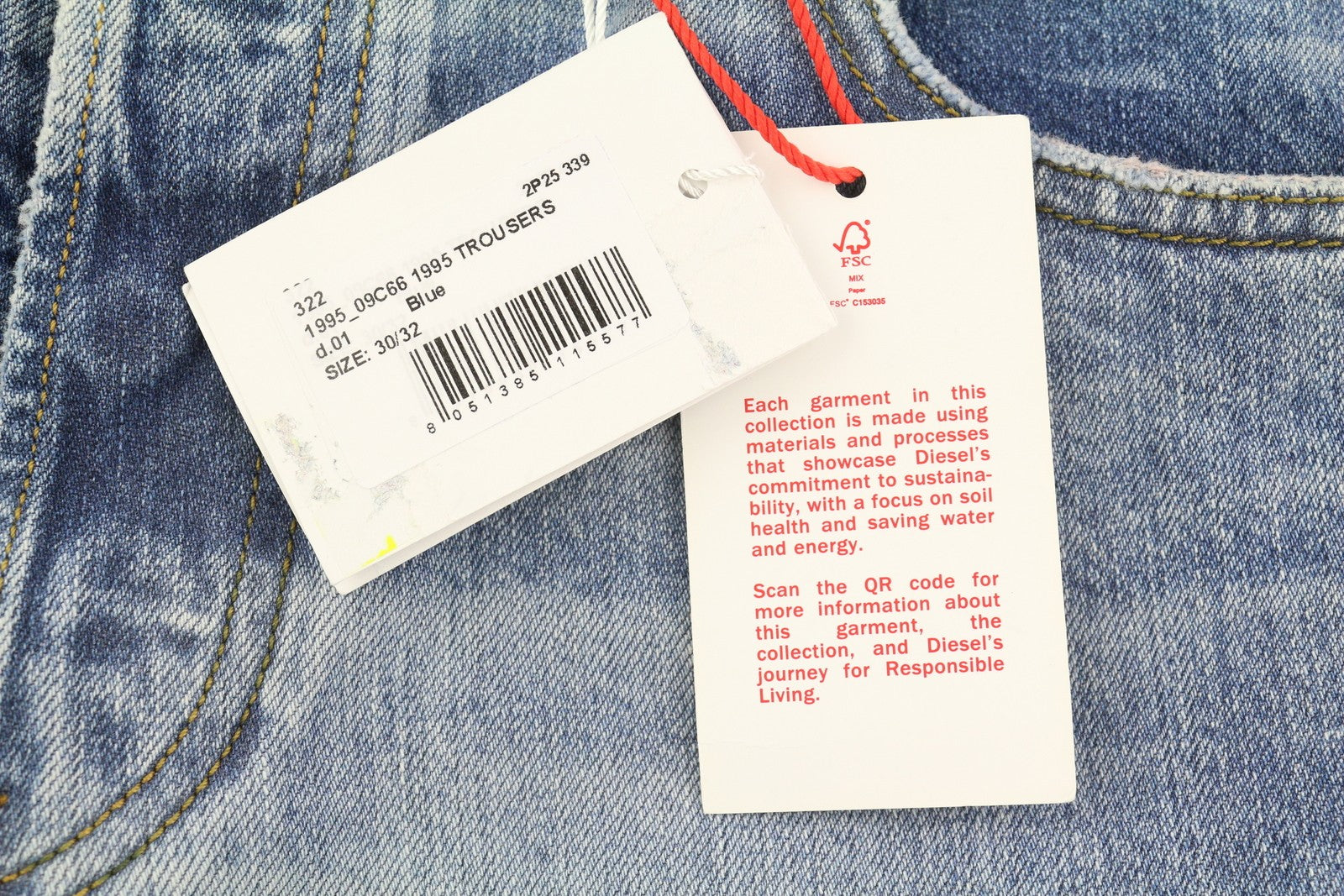 DIESEL 1995 09C66 Men Jeans W30/L32 Blue Faded Slim Fit Straight Leg Mid Waist