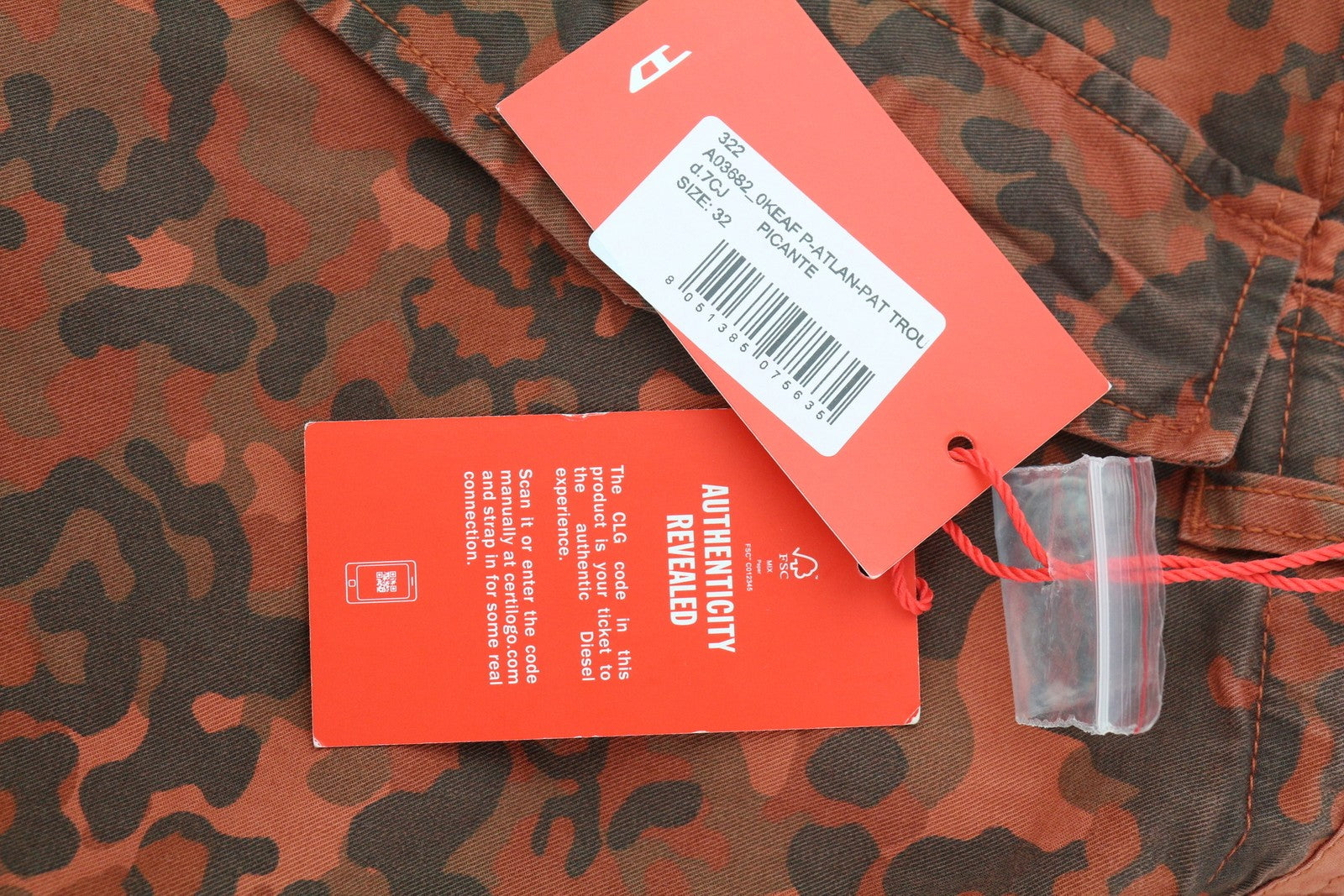 DIESEL P-Atlan-Pat Men Trousers W32 Orange Camouflage Cargo Multi-Pocket RRP€295