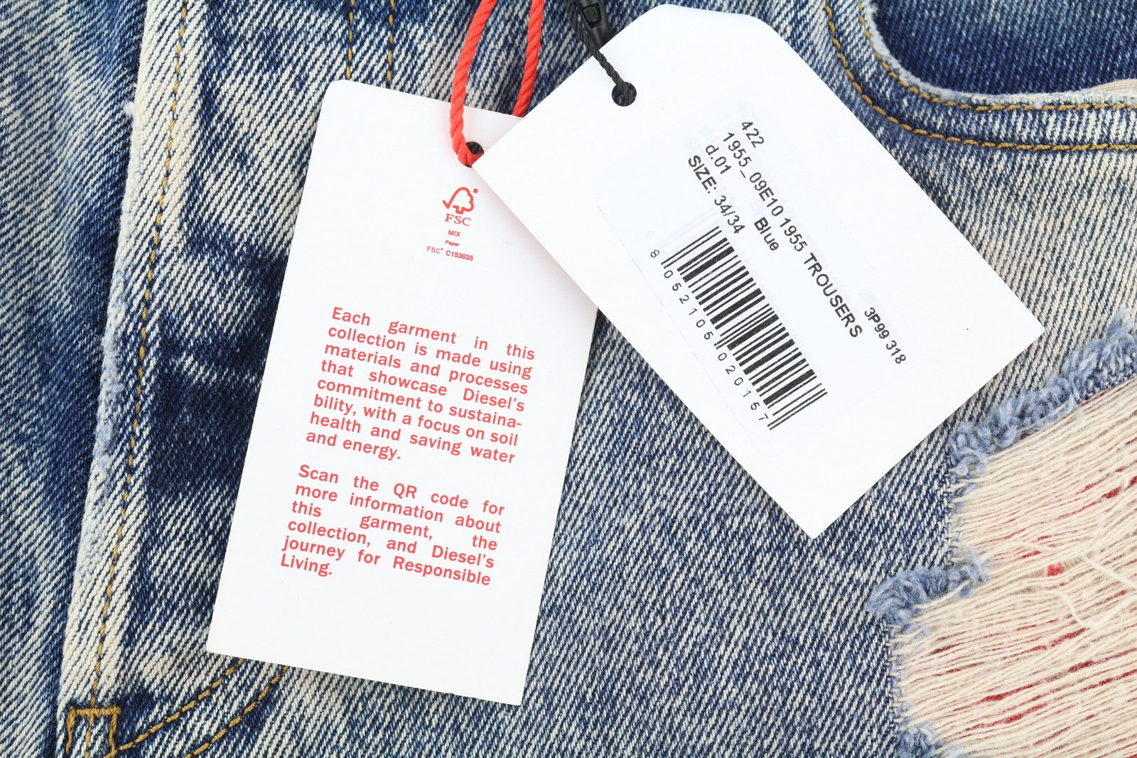 DIESEL 1955 09E10 Men Jeans W34/L34 Blue Regular Straight Fit Distress RRP$375