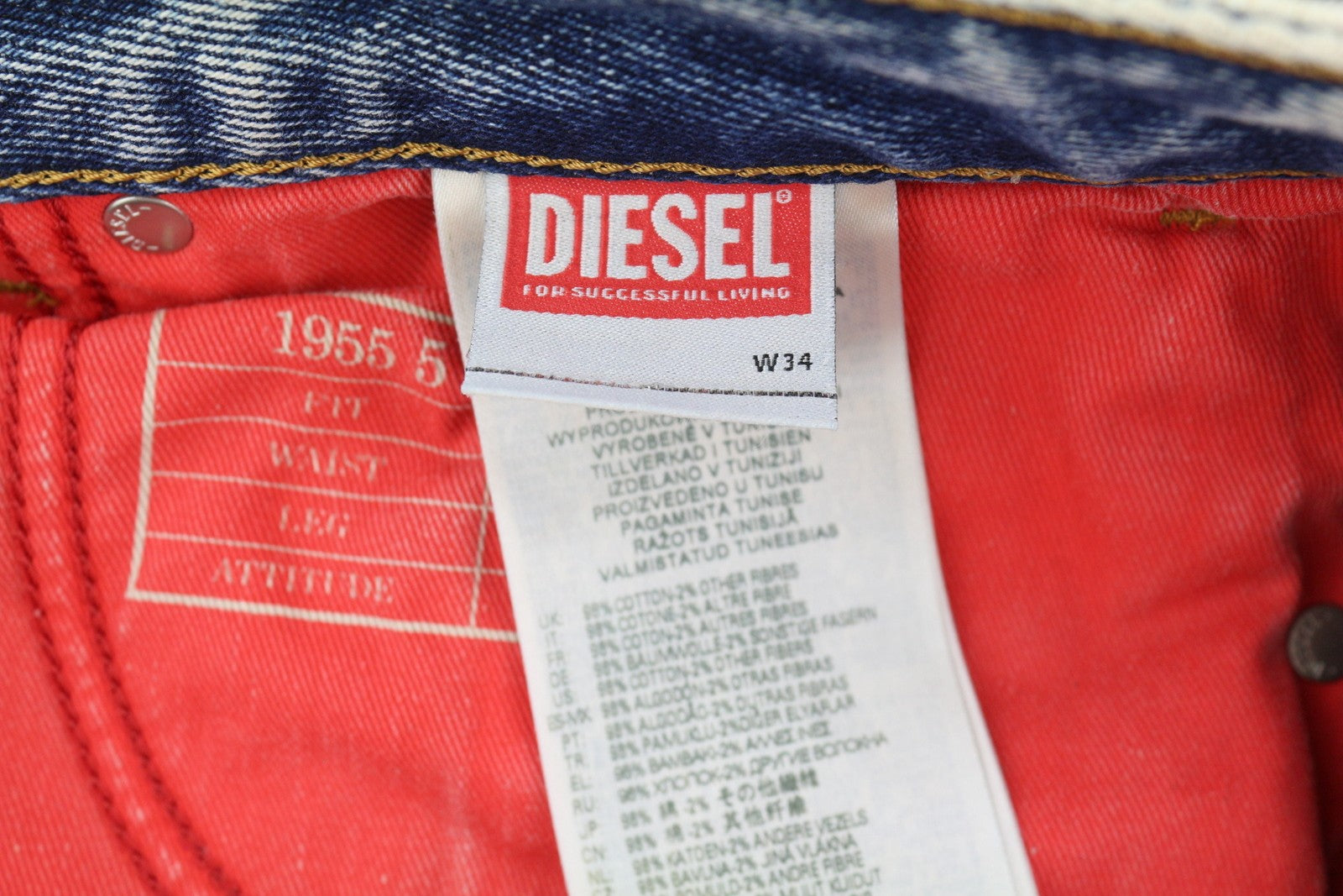 DIESEL 1955 09E10 Men Jeans W34/L34 Blue Regular Straight Fit Distress RRP$375