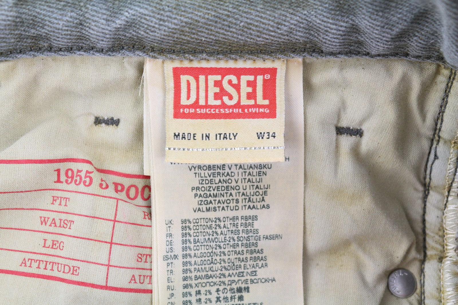 DIESEL 1955 09D87 Men Jeans W34/L34 Blue Aged Look Regular Straight High Waist