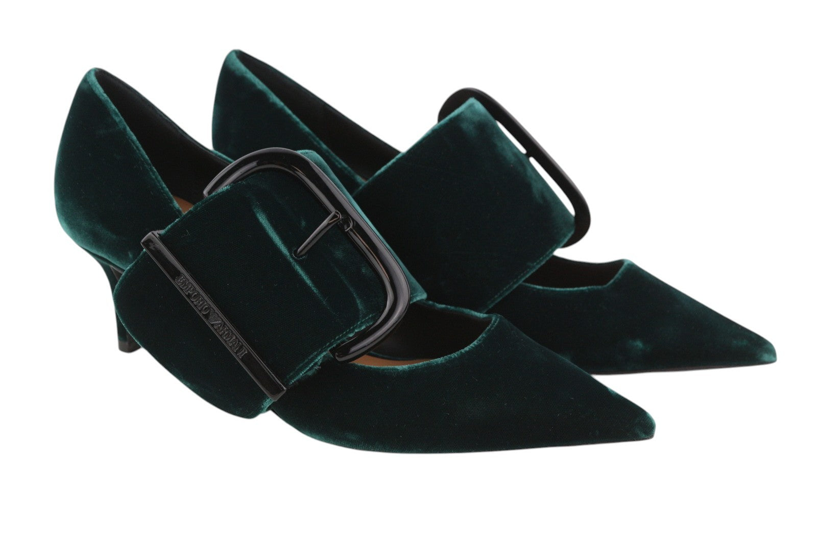 EMPORIO ARMANI Women Heels EU37 Dark Green Velvet Buckle Detail Pointed Toe