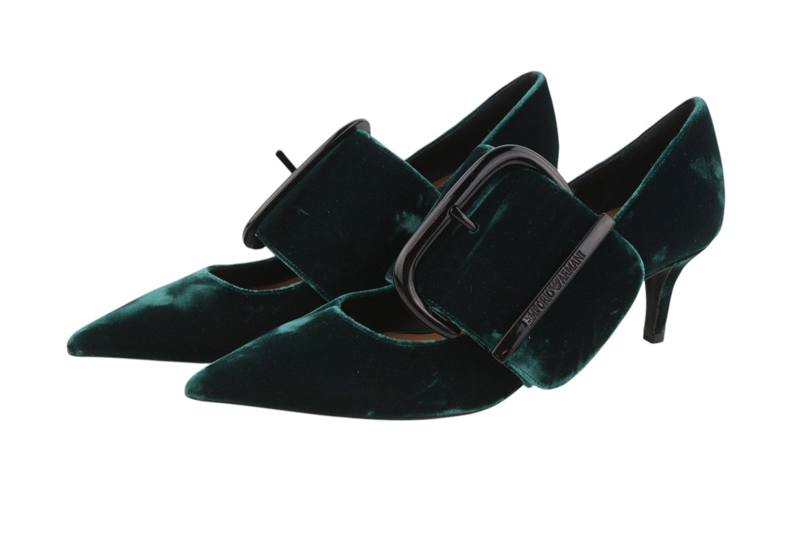 EMPORIO ARMANI Women Heels EU37 Dark Green Velvet Buckle Detail Pointed Toe