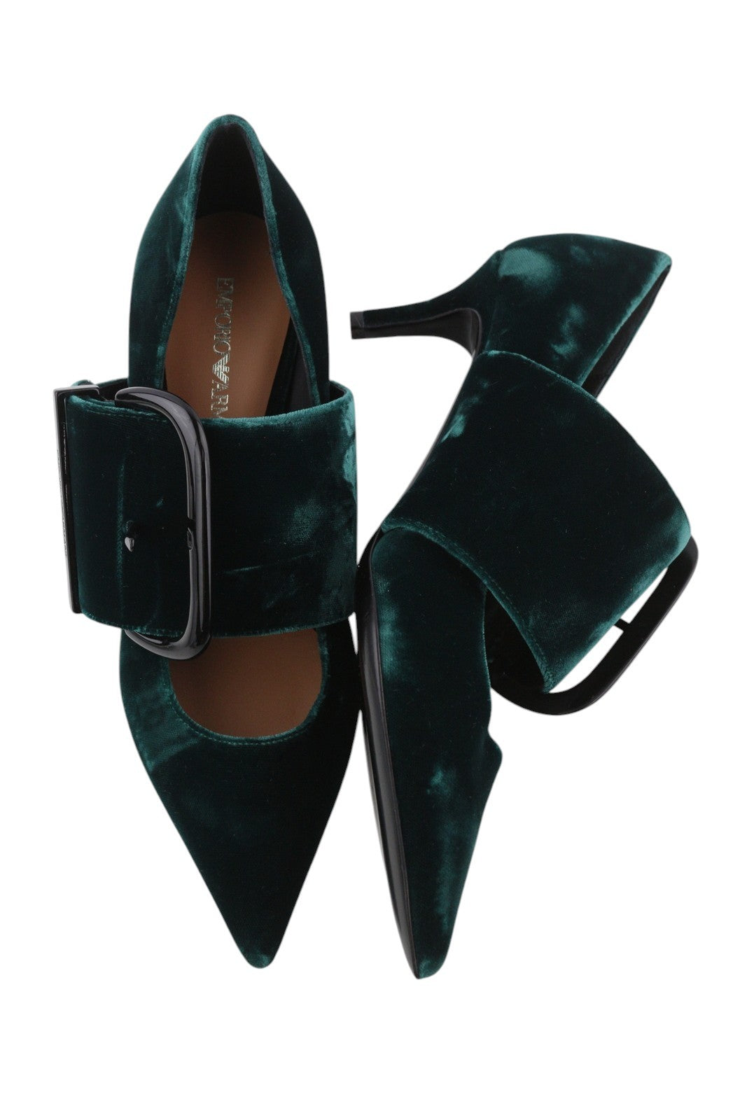EMPORIO ARMANI Women Heels EU37 Dark Green Velvet Buckle Detail Pointed Toe