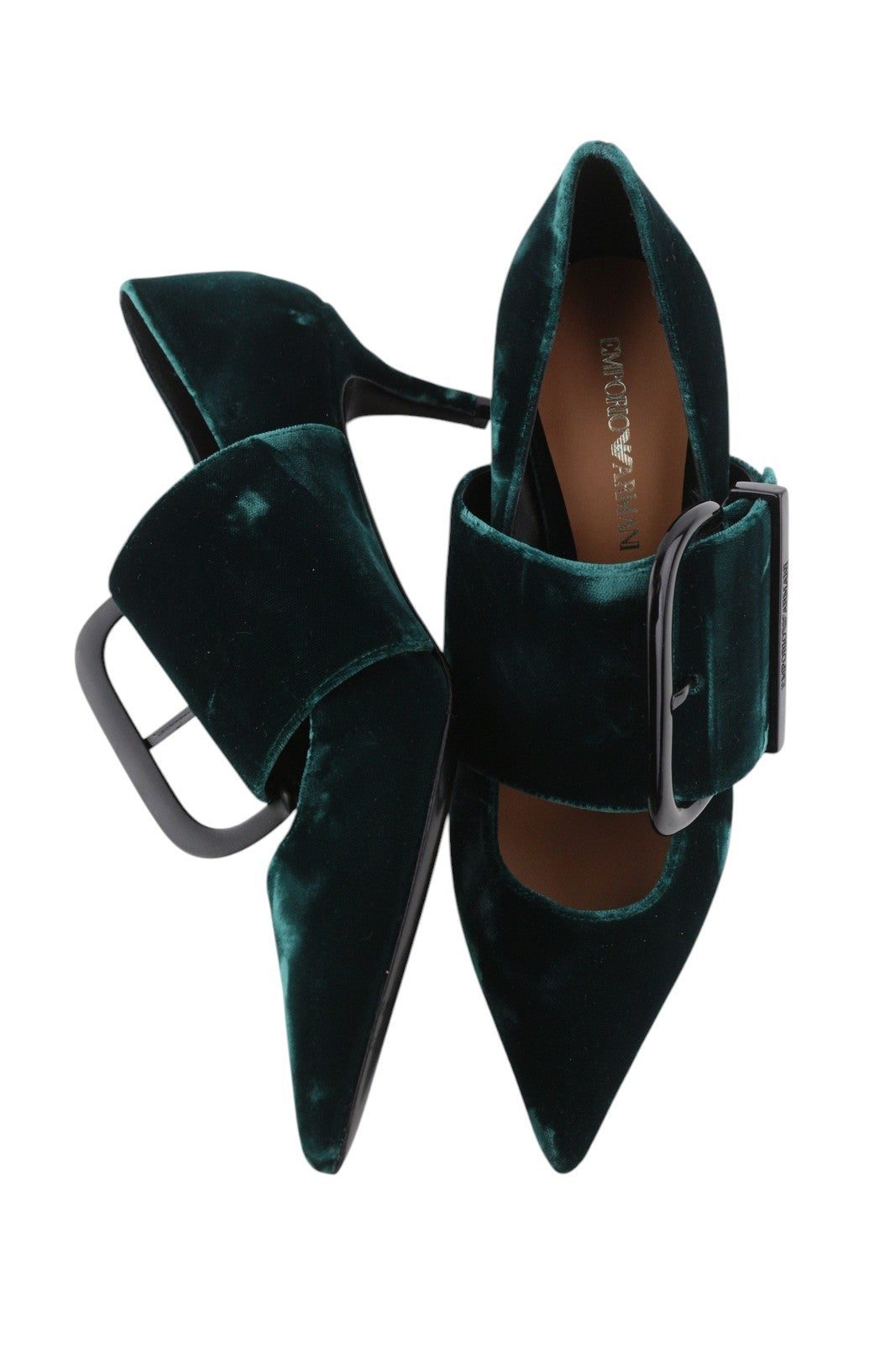 EMPORIO ARMANI Women Heels EU37 Dark Green Velvet Buckle Detail Pointed Toe