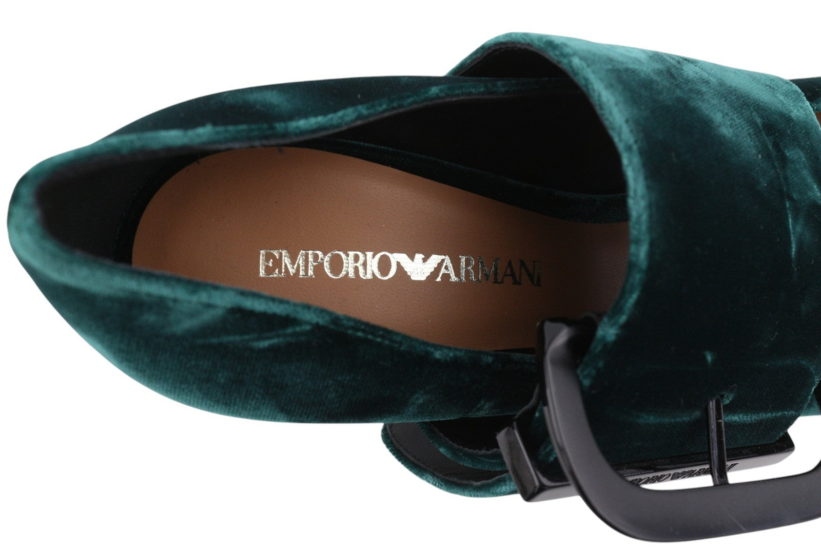 EMPORIO ARMANI Women Heels EU37 Dark Green Velvet Buckle Detail Pointed Toe