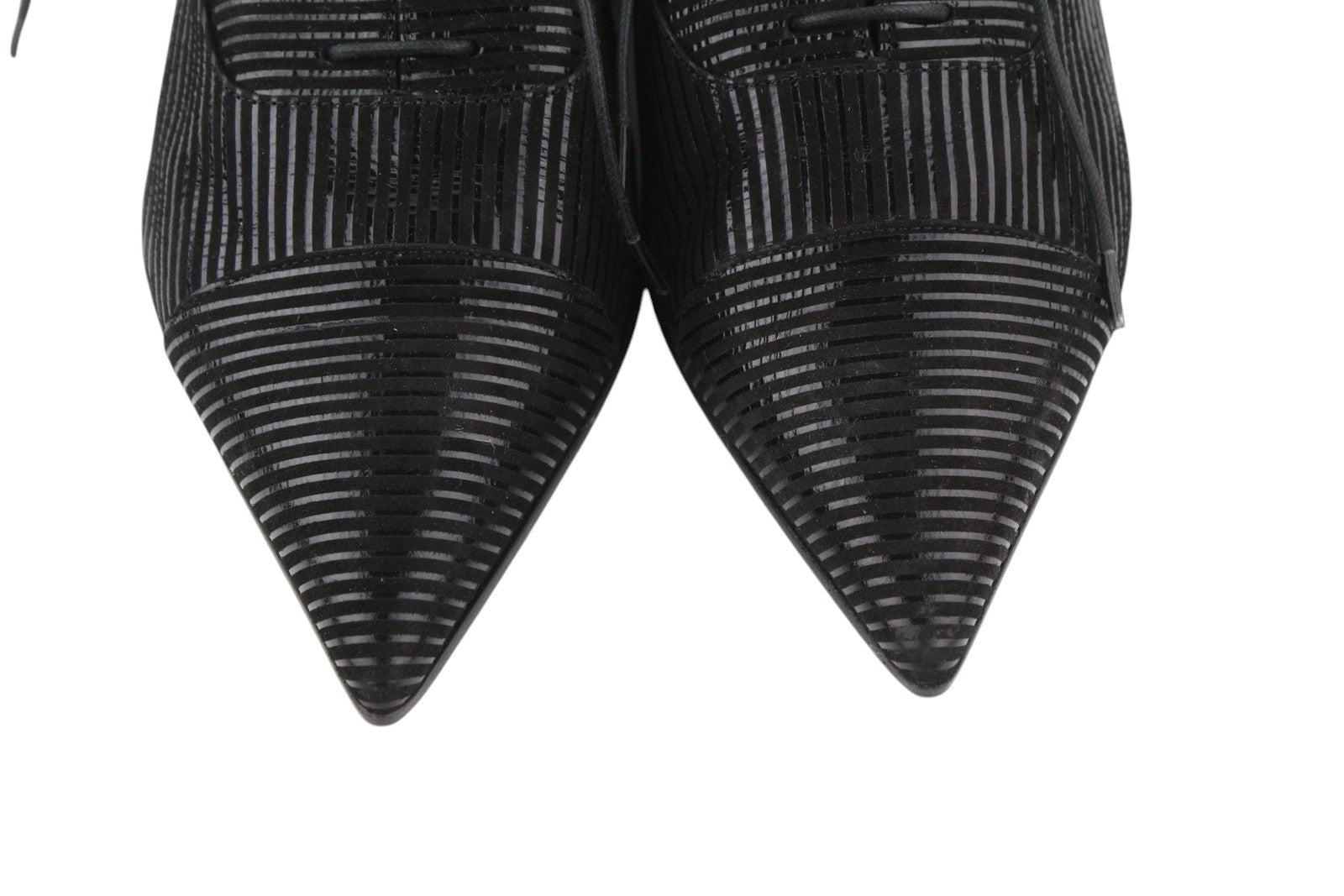 EMPORIO ARMANI Women Shoes EU37 Black Shiny Look Striped Pointed Toe Lace Up