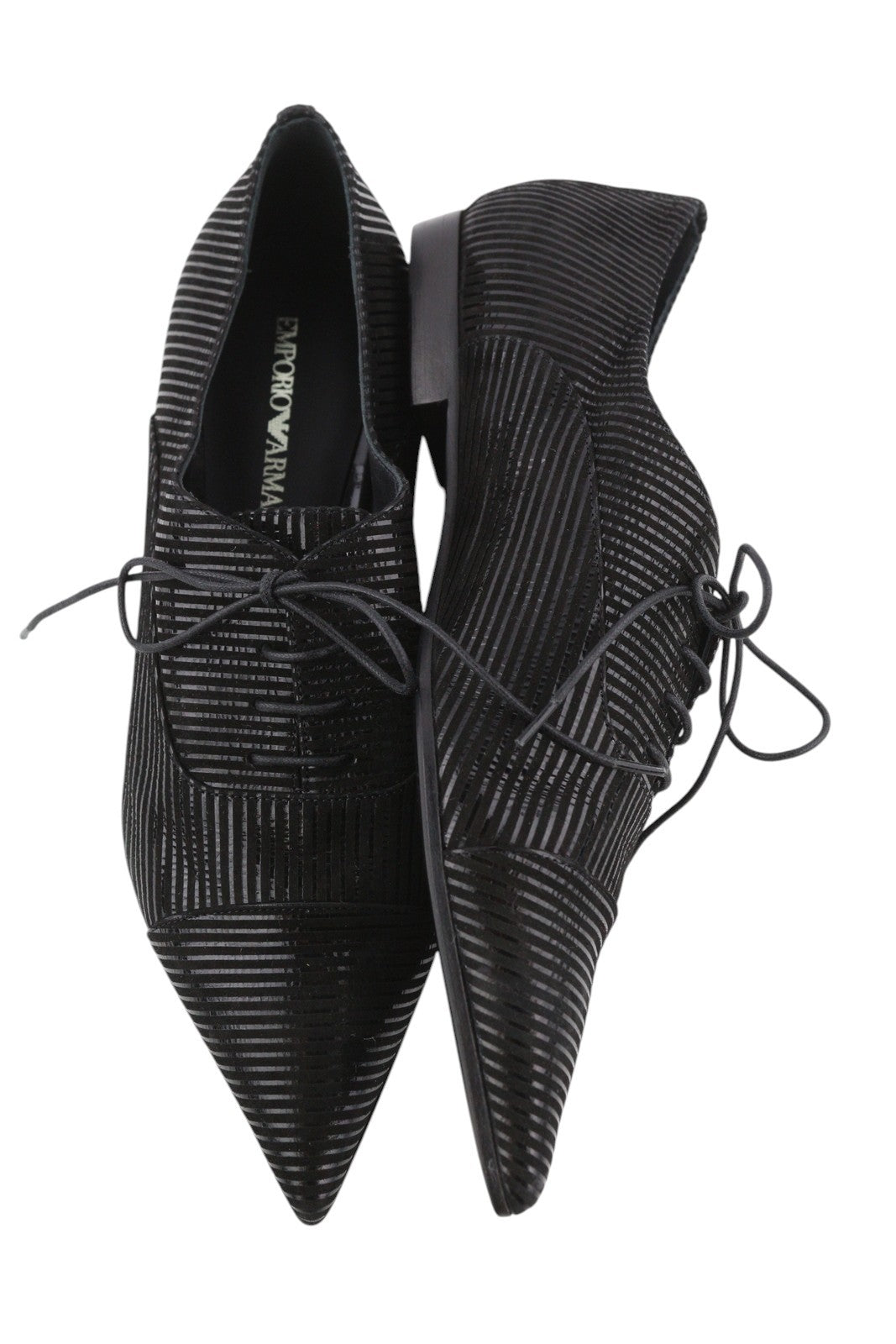 EMPORIO ARMANI Women Shoes EU37 Black Shiny Look Striped Pointed Toe Lace Up
