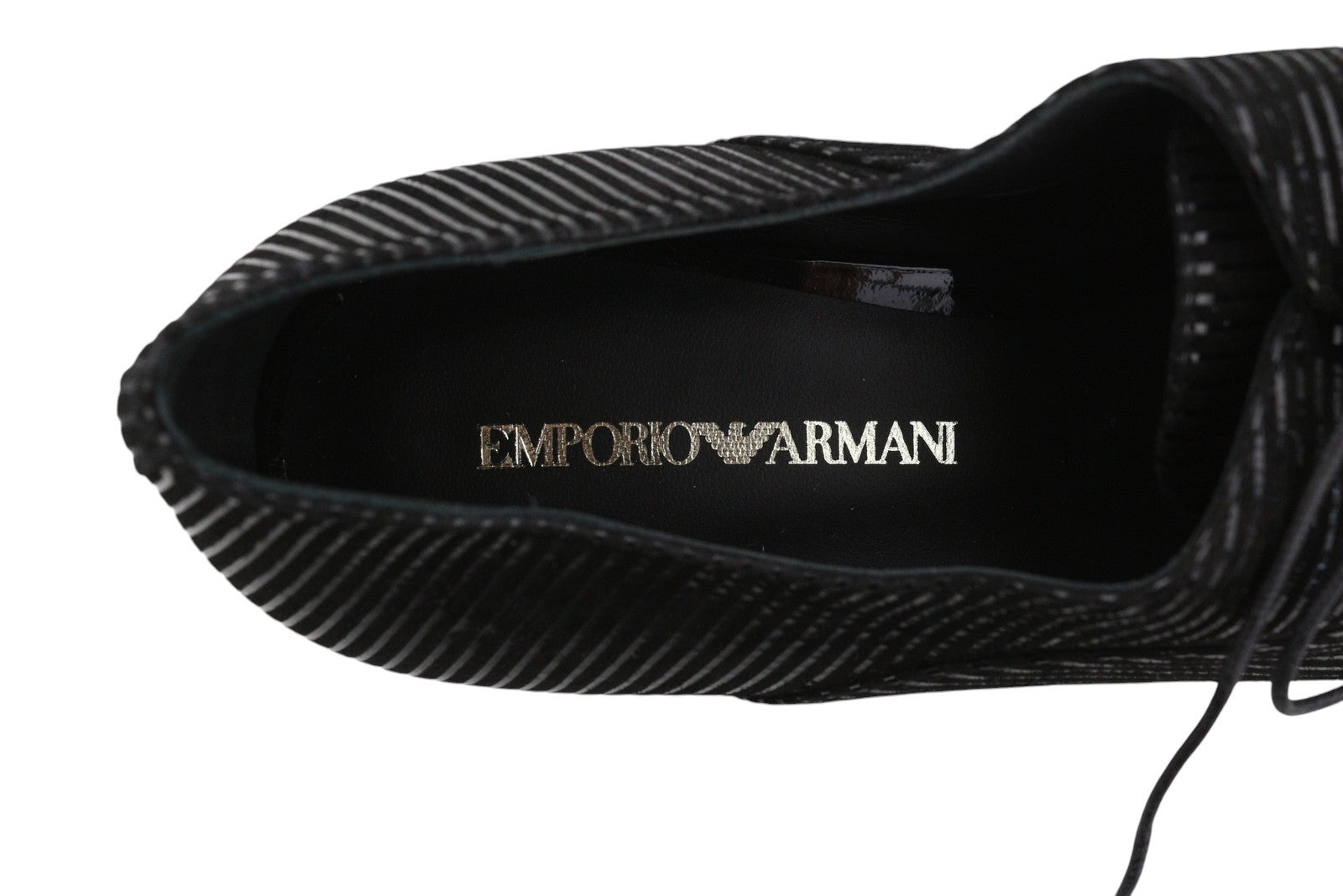 EMPORIO ARMANI Women Shoes EU37 Black Shiny Look Striped Pointed Toe Lace Up