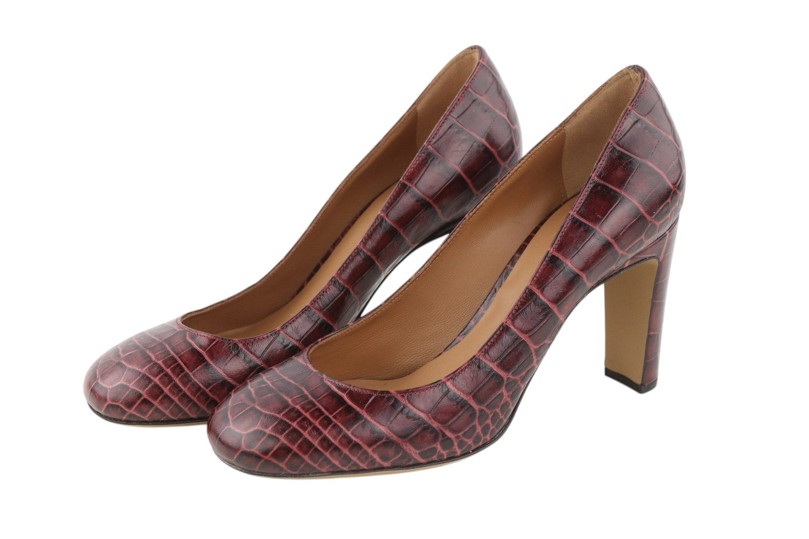 EMPORIO ARMANI Women Heels EU37 Burgundy Leather Patterned Round Toe Slip Pumps