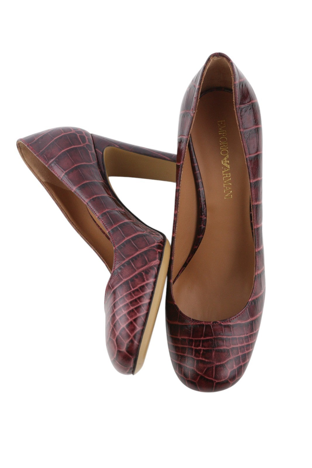 EMPORIO ARMANI Women Heels EU37 Burgundy Leather Patterned Round Toe Slip Pumps