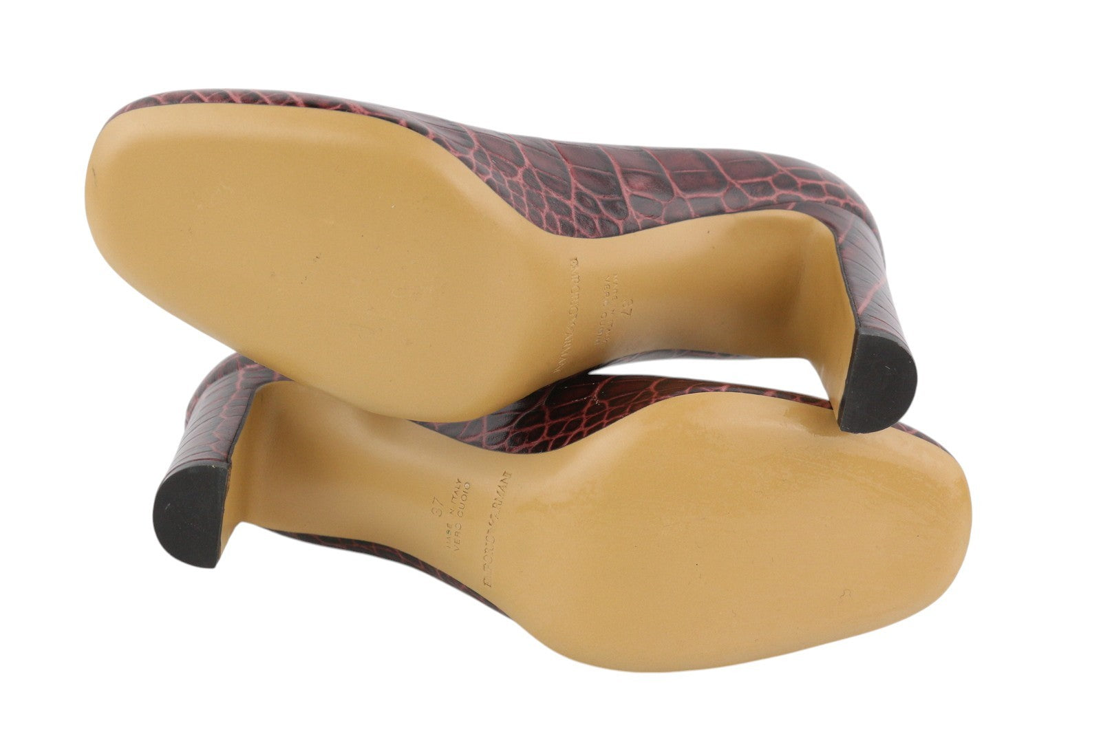 EMPORIO ARMANI Women Heels EU37 Burgundy Leather Patterned Round Toe Slip Pumps