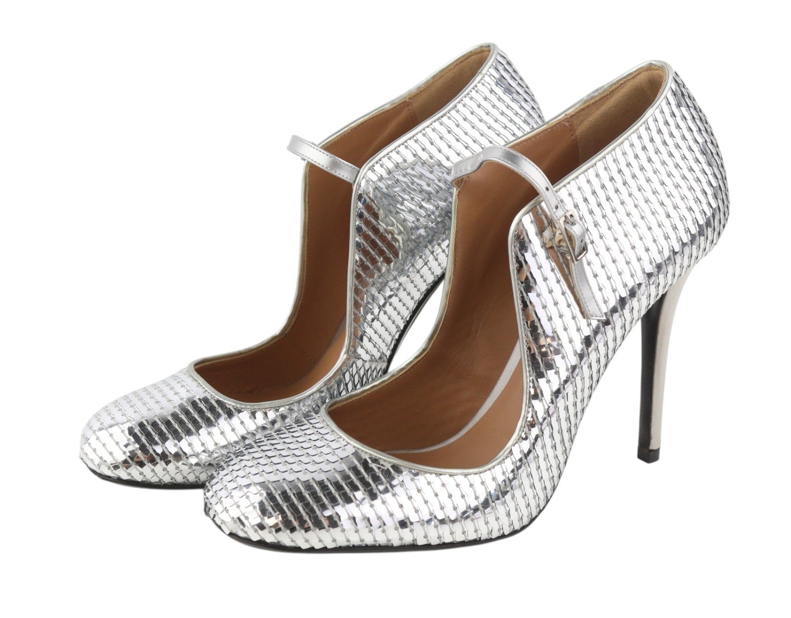 EMPORIO ARMANI X3E349 Women Heels EU37 Silver Shiny Sequins Round Toe Pumps