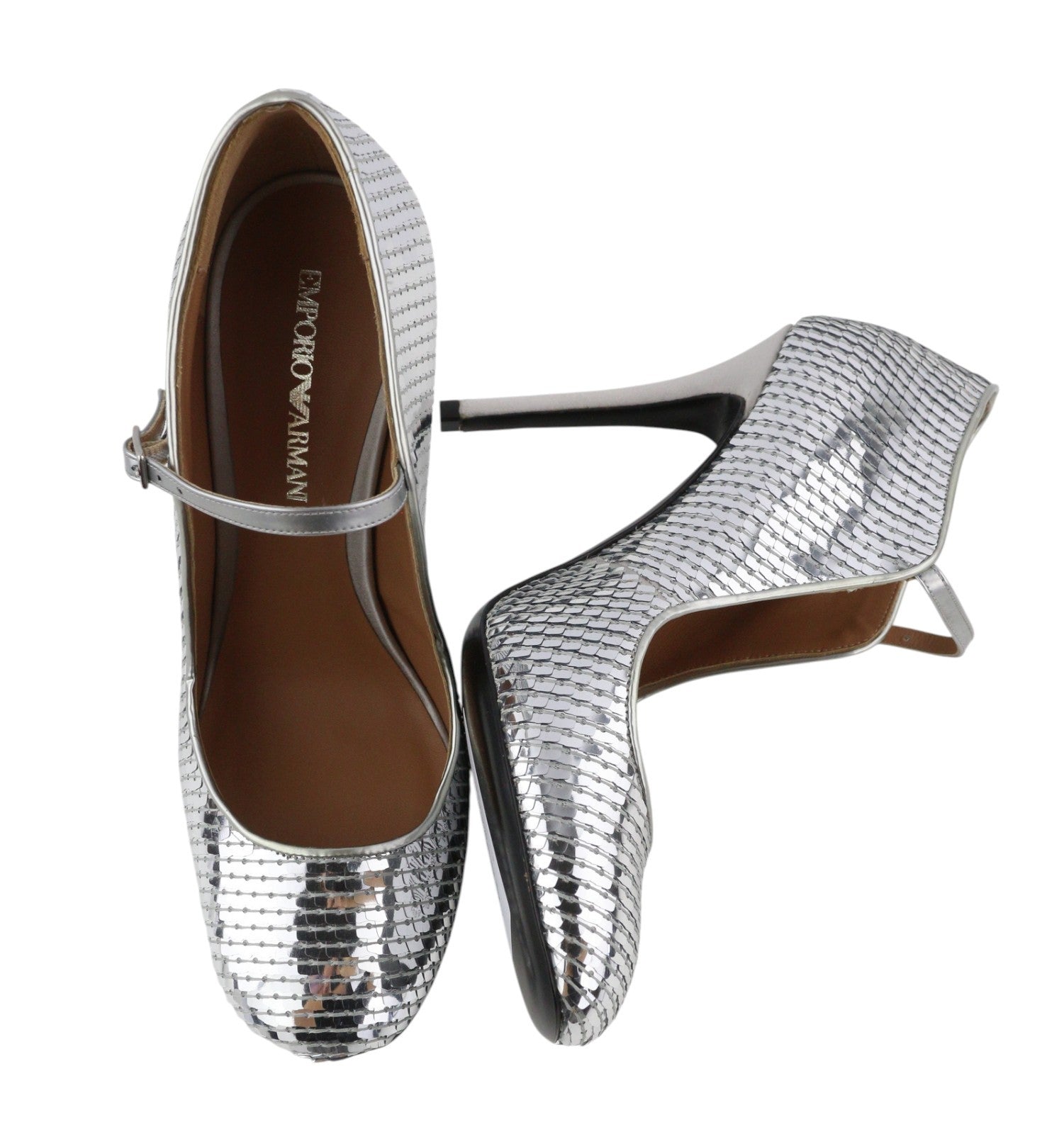 EMPORIO ARMANI X3E349 Women Heels EU37 Silver Shiny Sequins Round Toe Pumps