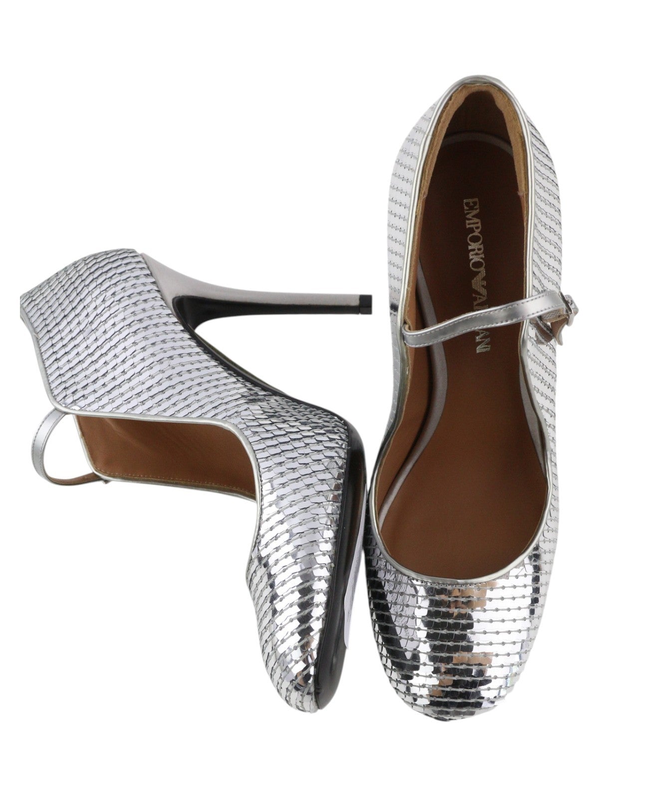 EMPORIO ARMANI X3E349 Women Heels EU37 Silver Shiny Sequins Round Toe Pumps