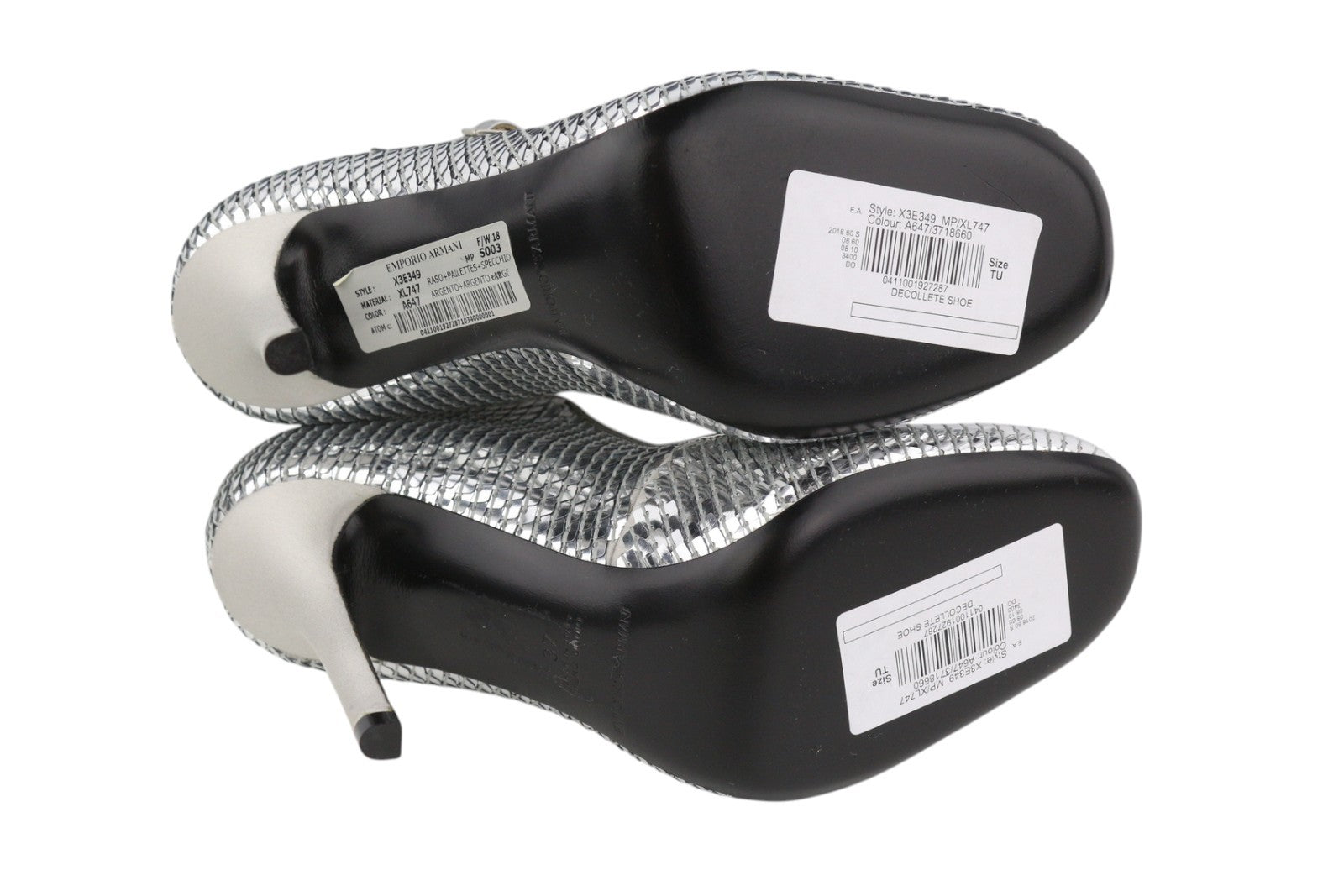 EMPORIO ARMANI X3E349 Women Heels EU37 Silver Shiny Sequins Round Toe Pumps