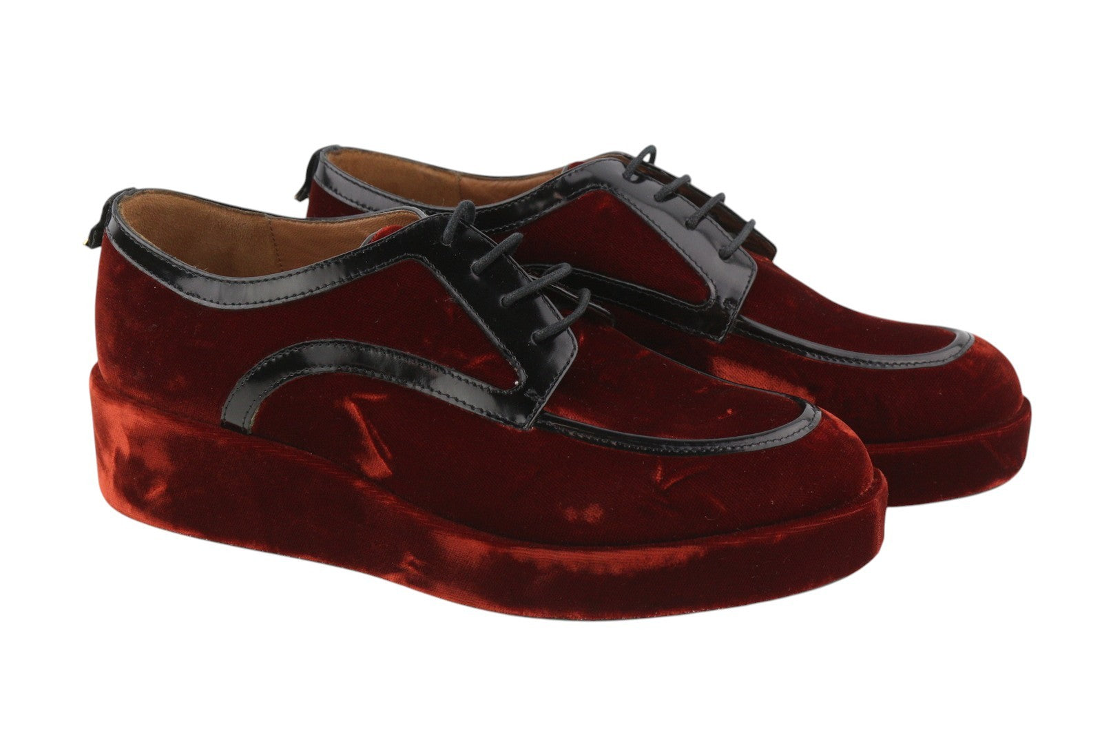 EMPORIO ARMANI Women Shoes EU37 Burgundy Velvet Platform Sole Round Toe Laced