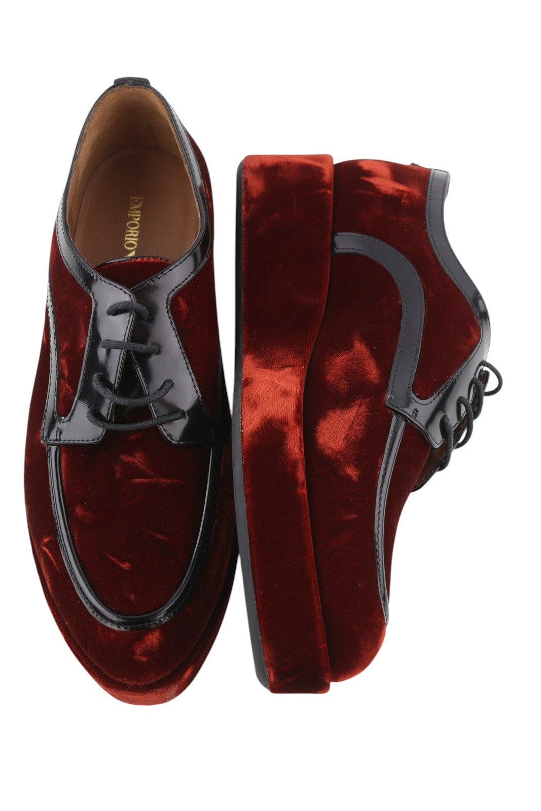 EMPORIO ARMANI Women Shoes EU37 Burgundy Velvet Platform Sole Round Toe Laced