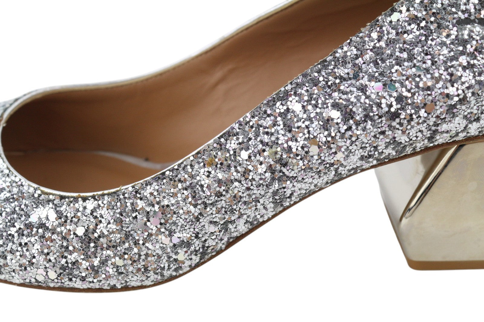 EMPORIO ARMANI Women Heels EU37 Leather Shiny Glitter Silver Pumps Round Toe