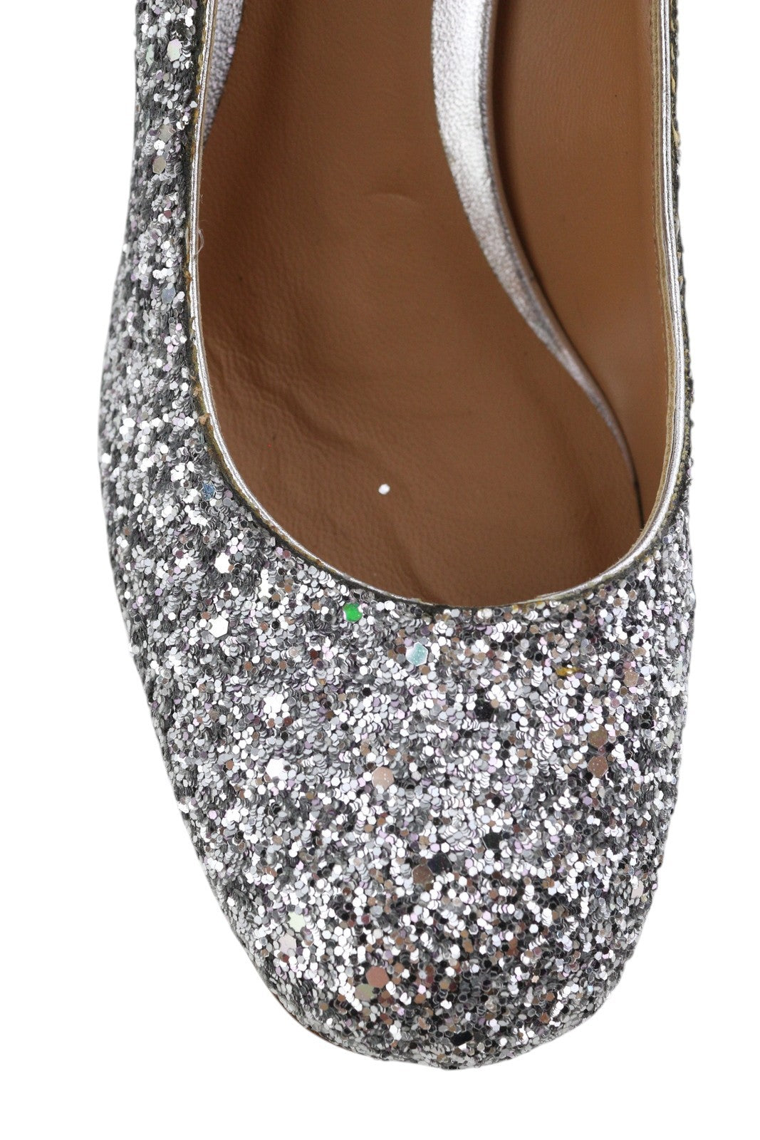 EMPORIO ARMANI Women Heels EU37 Leather Shiny Glitter Silver Pumps Round Toe