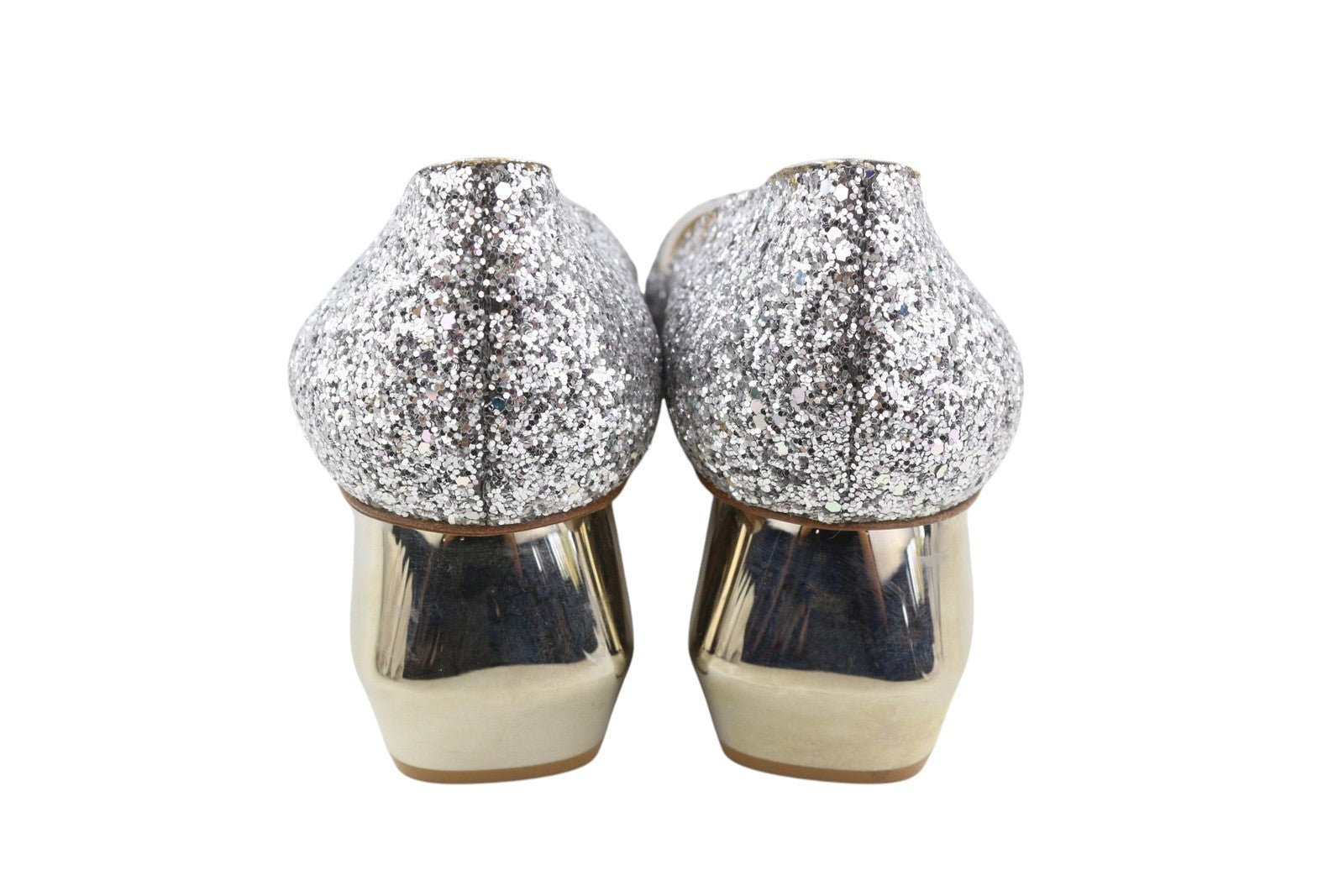 EMPORIO ARMANI Women Heels EU37 Leather Shiny Glitter Silver Pumps Round Toe