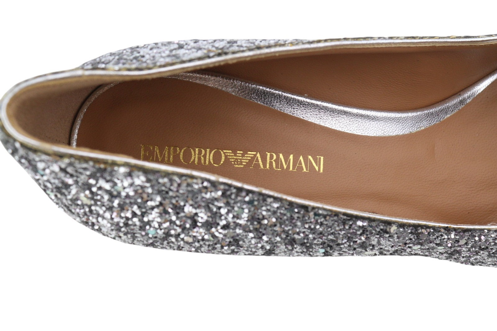 EMPORIO ARMANI Women Heels EU37 Leather Shiny Glitter Silver Pumps Round Toe