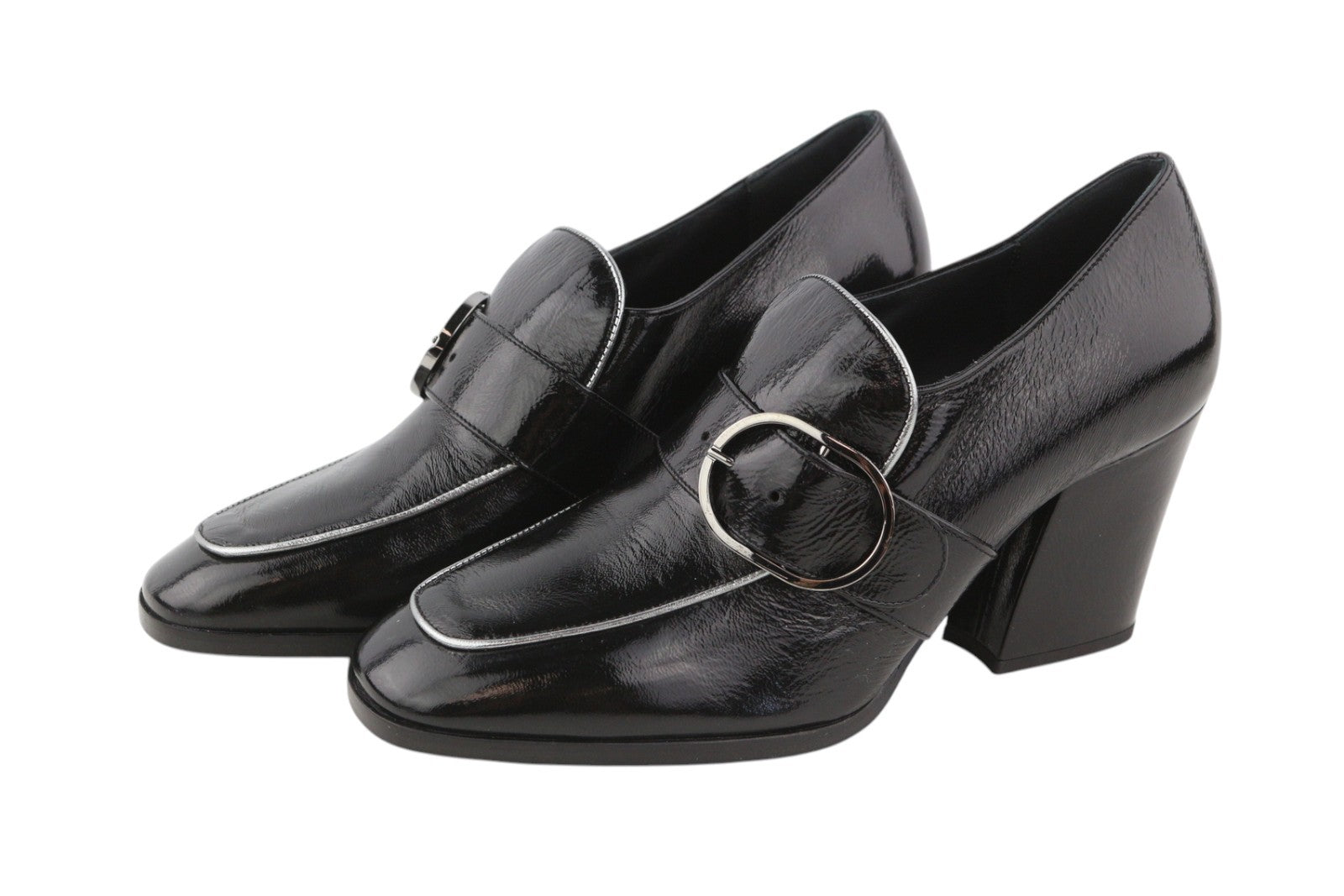 EMPORIO ARMANI Women Heels EU37 Black Patent Leather Square Toe Buckle Detail