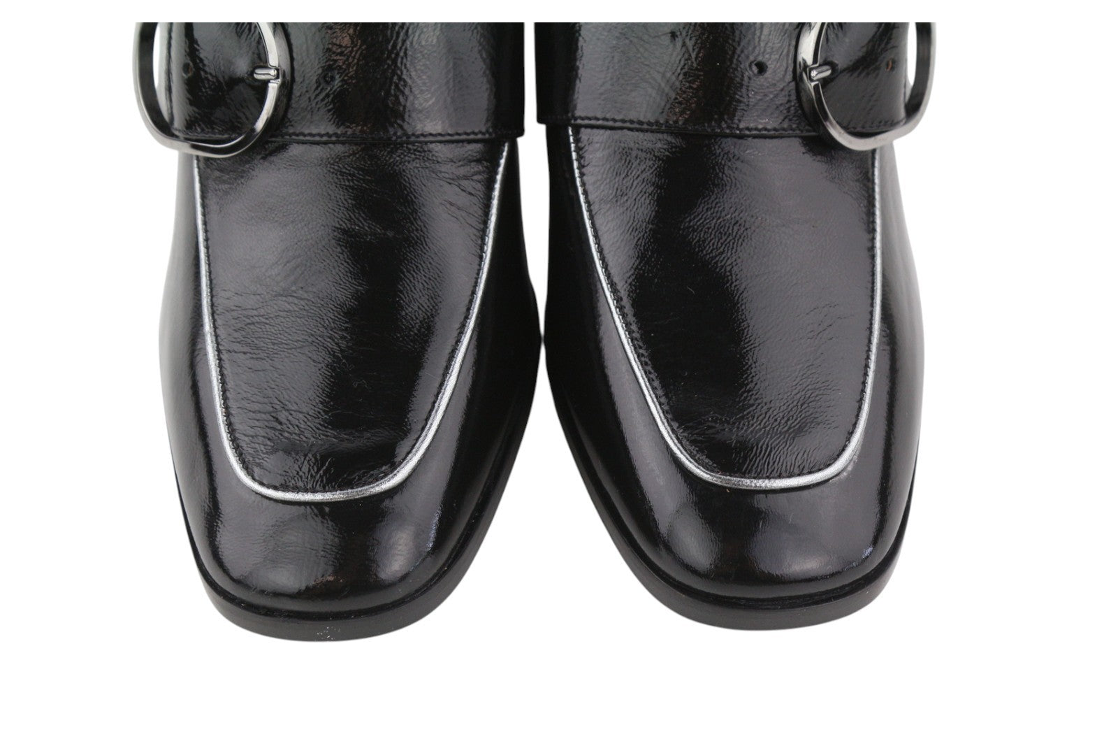 EMPORIO ARMANI Women Heels EU37 Black Patent Leather Square Toe Buckle Detail