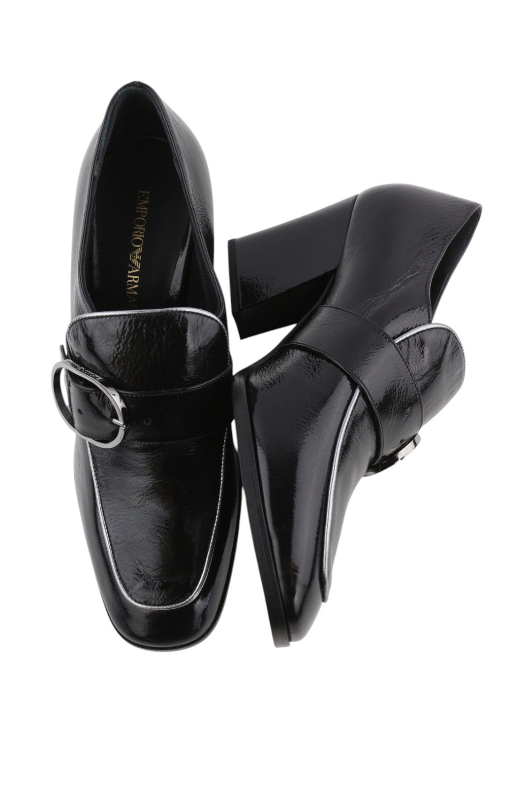 EMPORIO ARMANI Women Heels EU37 Black Patent Leather Square Toe Buckle Detail