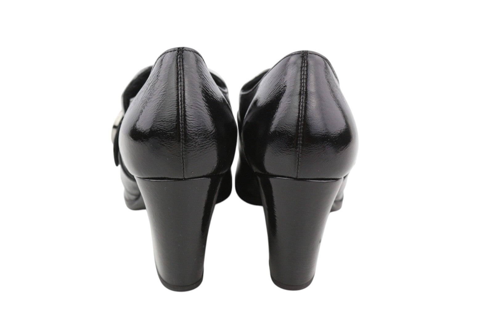 EMPORIO ARMANI Women Heels EU37 Black Patent Leather Square Toe Buckle Detail