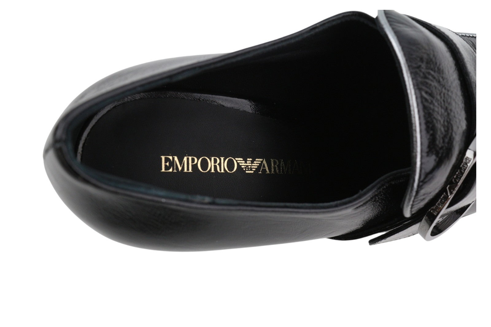EMPORIO ARMANI Women Heels EU37 Black Patent Leather Square Toe Buckle Detail