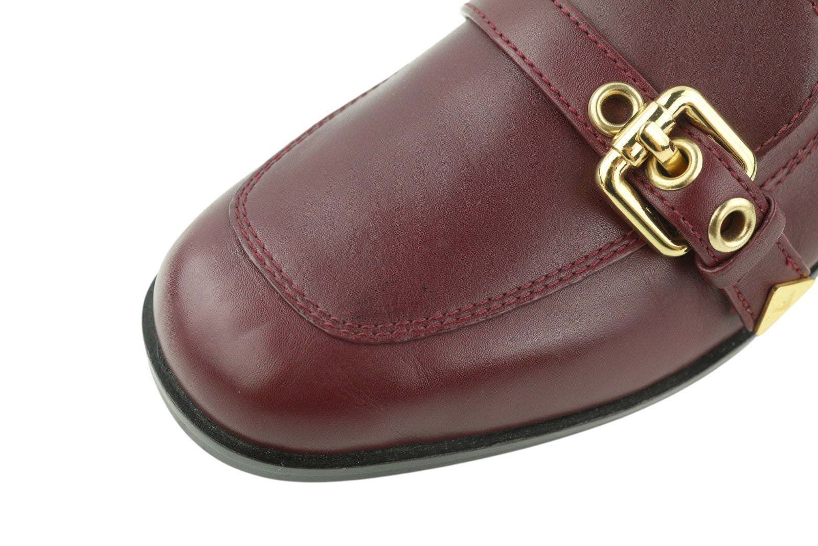 EMPORIO ARMANI Women Flats EU37 Burgundy Leather Round Toe Slip On Buckle Loafer