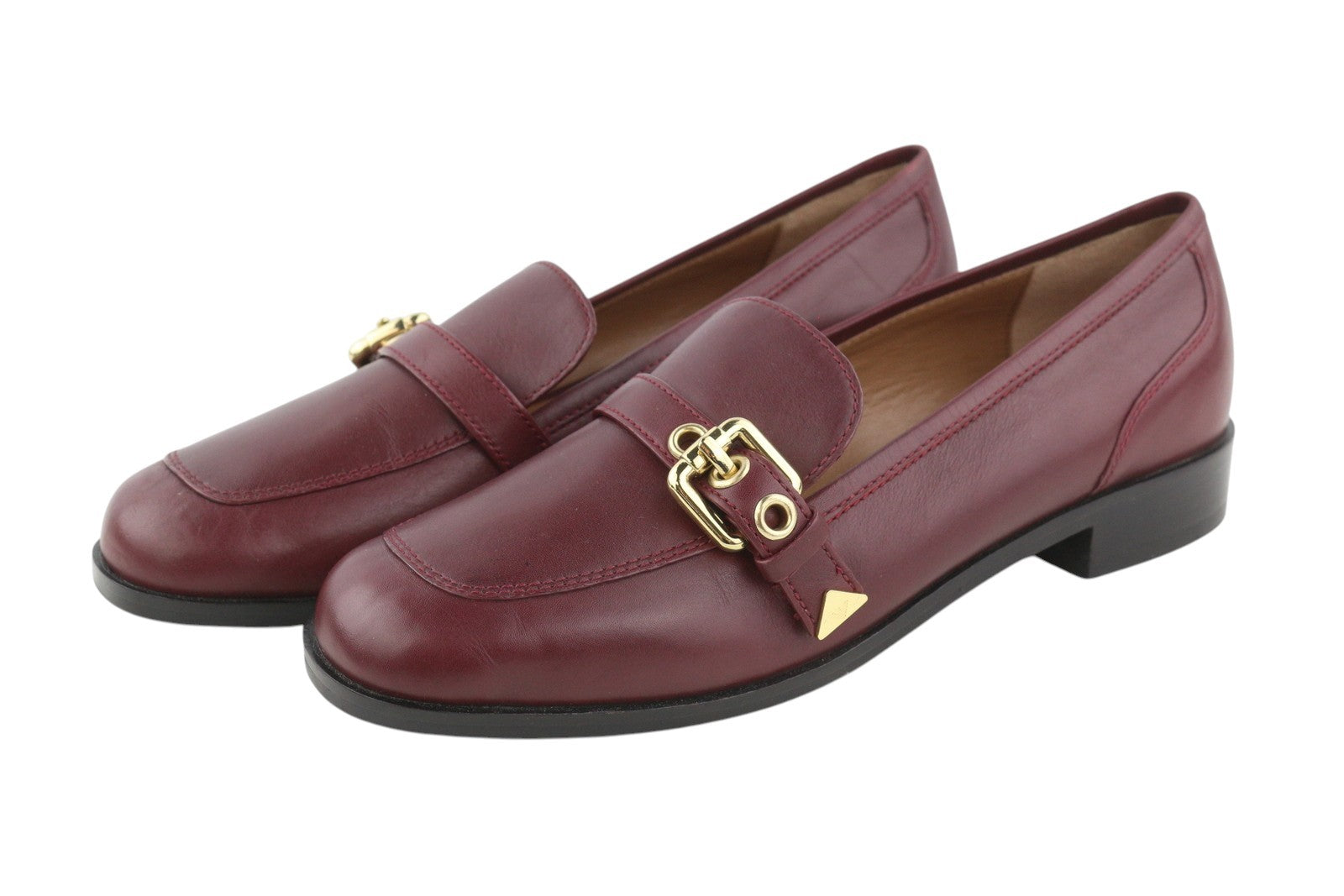 EMPORIO ARMANI Women Flats EU37 Burgundy Leather Round Toe Slip On Buckle Loafer