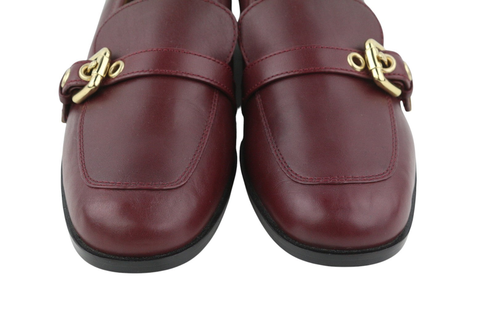 EMPORIO ARMANI Women Flats EU37 Burgundy Leather Round Toe Slip On Buckle Loafer