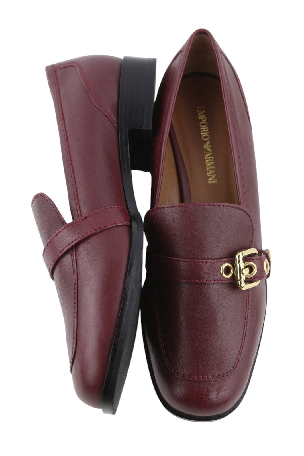 EMPORIO ARMANI Women Flats EU37 Burgundy Leather Round Toe Slip On Buckle Loafer