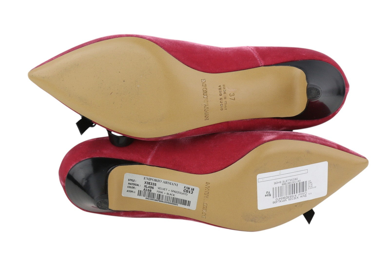 EMPORIO ARMANI X3E335 Women Heels EU37 Pink Velvet Pointed Toe Bow Decollete