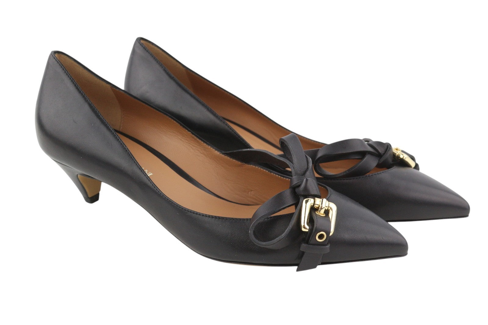 EMPORIO ARMANI Women Heels EU37 Black Leather Pointed Toe Gold Tone Buckles