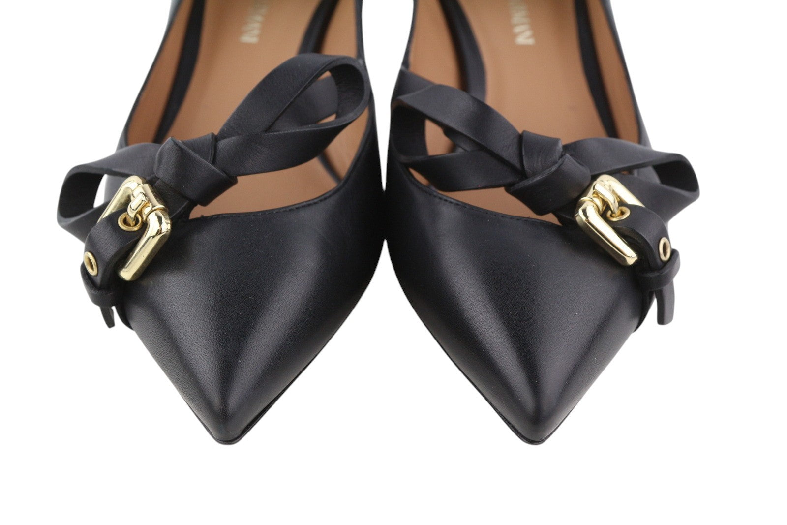 EMPORIO ARMANI Women Heels EU37 Black Leather Pointed Toe Gold Tone Buckles