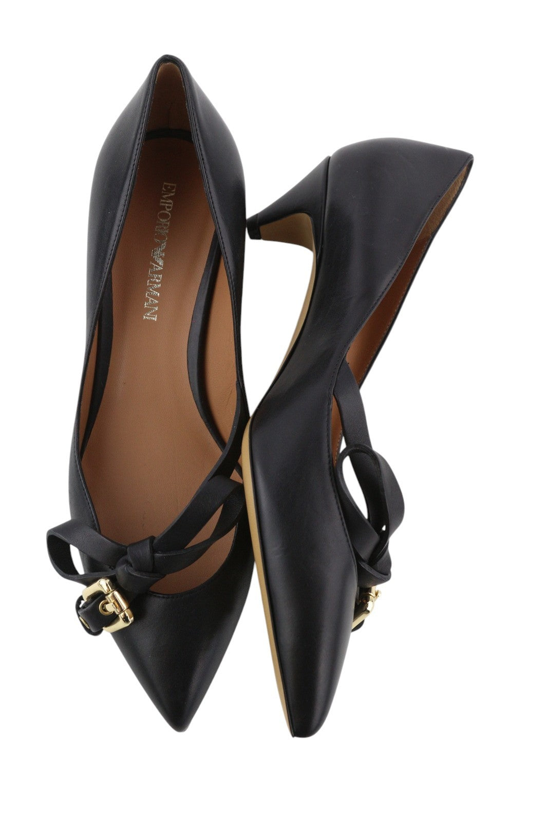 EMPORIO ARMANI Women Heels EU37 Black Leather Pointed Toe Gold Tone Buckles