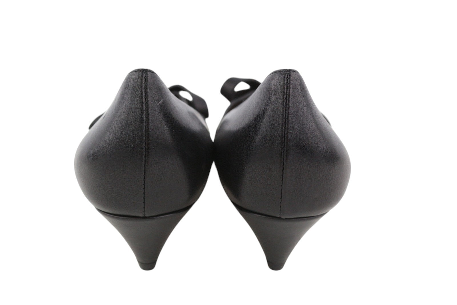 EMPORIO ARMANI Women Heels EU37 Black Leather Pointed Toe Gold Tone Buckles