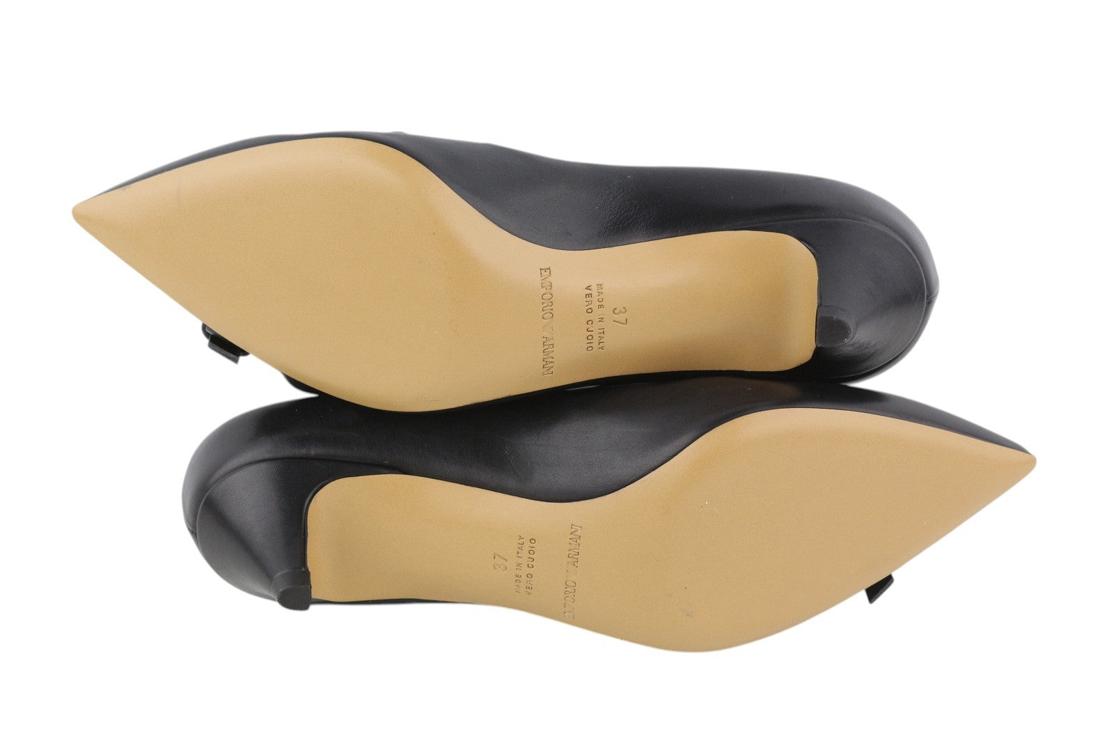 EMPORIO ARMANI Women Heels EU37 Black Leather Pointed Toe Gold Tone Buckles