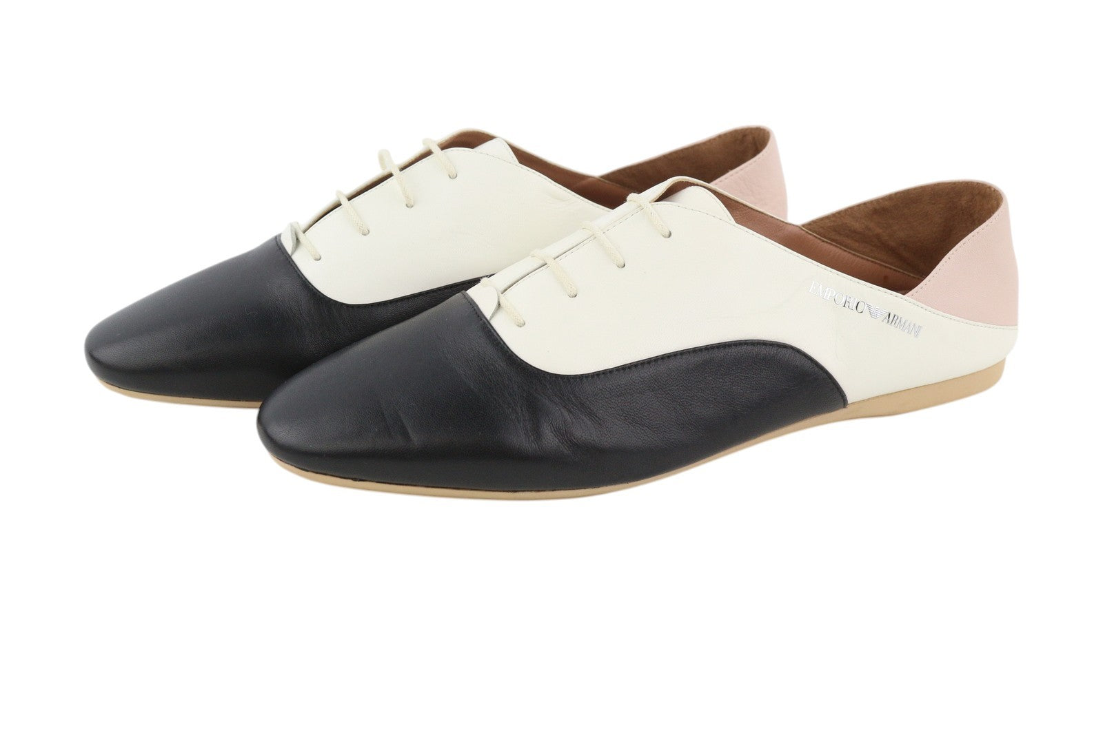 EMPORIO ARMANI Women Shoes EU37 Leather Low Top Lace Up Almond Toe Logo Casual