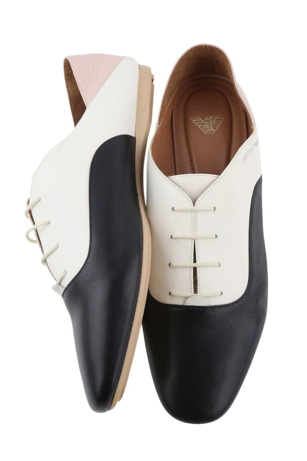 EMPORIO ARMANI Women Shoes EU37 Leather Low Top Lace Up Almond Toe Logo Casual