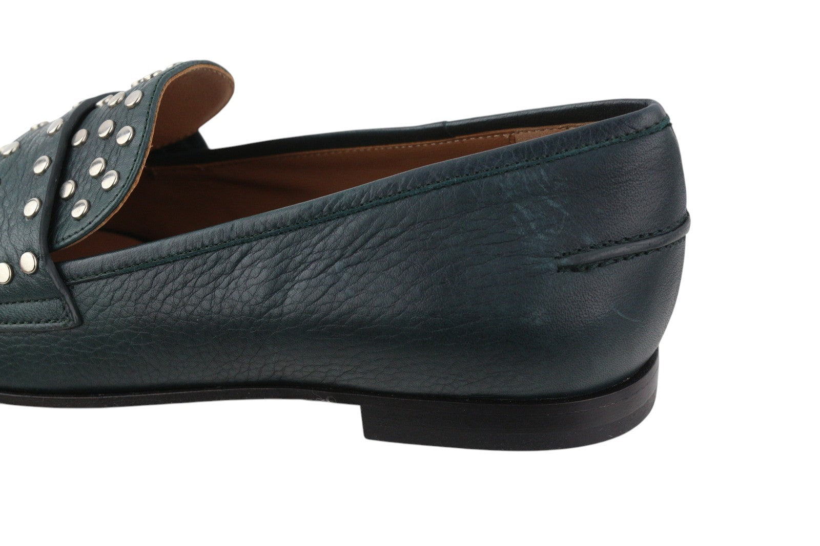 EMPORIO ARMANI X3A075 Women Flats EU37 Green Leather Silver Tone Details Loafers